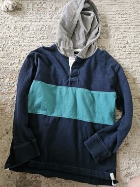 Old Navy Navy Long Sleeve with Teal Chest Stripe and Gray Hood Lining
